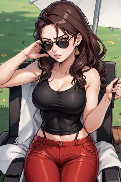 masterpiece, best quality, dorothea, black tank top, red pants, sunglasses, sitting on a lawn chair, parasol <lora:dorothea-nv-ver2-v4-000010:0.7>