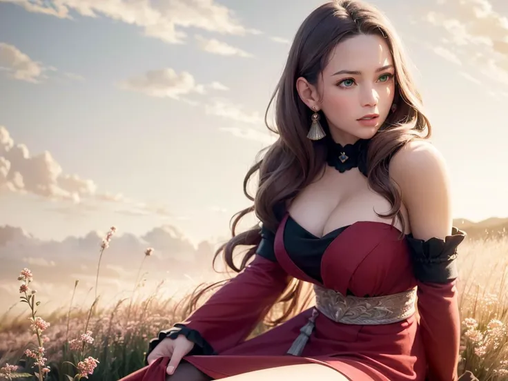masterpiece, (realistic:1.4), photorealistic, best quality, perfect image, solo, 1girl, dorothea (timeskip), beautiful face, green eyes, red dress, wavy hair, detached sleeves, frills, pantyhose, walking through a field, blue sky