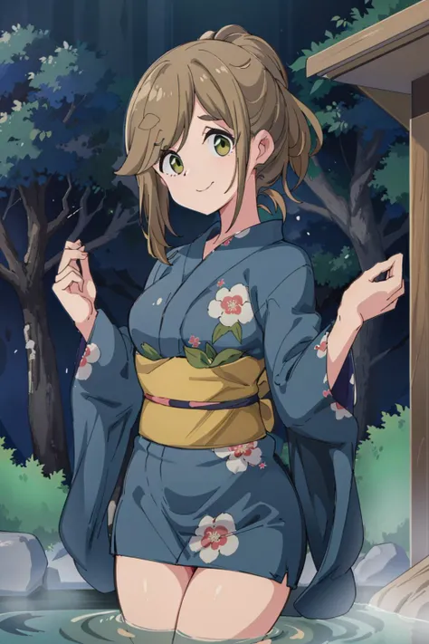 (masterpiece:1.4), (best qualit:1.4), (high resolution:1.4), inuyama aoi, yukata, looking at viewer, outdoors, nature, smile, onsen<lora:yurucamp_movie_inuyamaAoi_v1:1>
