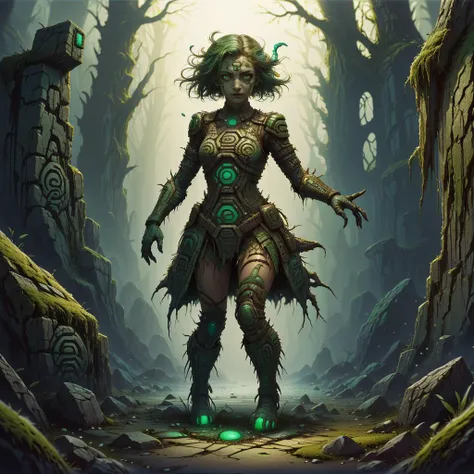 <lora:AztecWorld:1> aztecworld,stone made , rough ,absurdres, realistic
scroll, 1girl,short hair, green hair, glowing eyes,full body, standing, <lora:EntropyMagic:0.3> entropymagic, fantasy, dissolving, decay