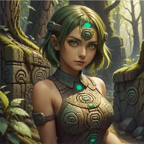 <lora:AztecWorld:1> aztecworld,stone made , rough ,
scroll, 1girl,short hair, green hair, glowing eyes,