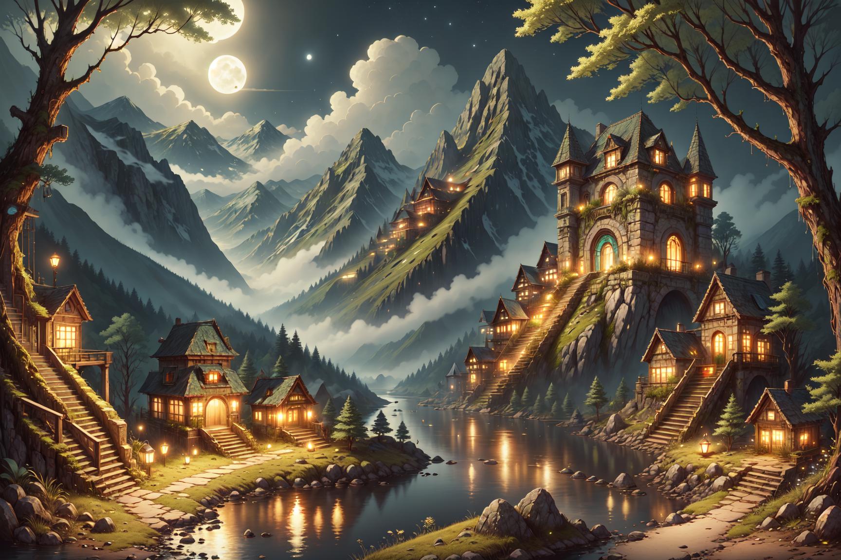 A painting of a castle in the mountains with a river - SeaArt AI