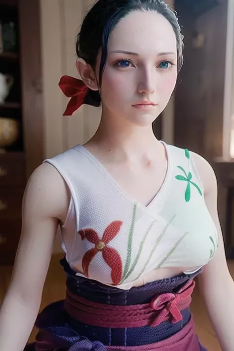 1girl, ((robinOP), black hair, blue eyes, white yukata, black cloak),(8k, RAW photo, best quality, masterpiece:1.2),High detail RAW color photo professional, full body,(realistic, photo-realistic:1.37), ((best quality)),(best shadow),(best illustration), collarbone, ultra high res,extremely detailed CG unity 8k wallpaper, physically-based rendering,cinematic lighting, (1girl at home), looking at viewer,photographed with a Sony a9 II Mirrorless Camera, [:(highly detail face: 1.2):0.2] <lora:Robin-000010:1.6>