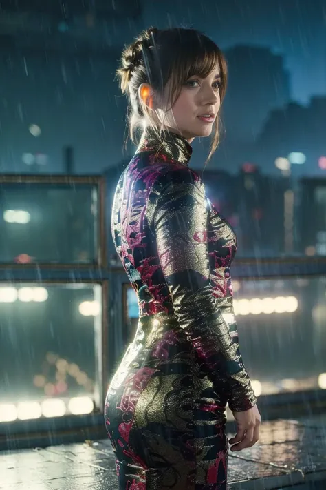 (8k, RAW photo, best quality, masterpiece:1.2), (realistic, photo-realistic:1.37),    narrow waist,   looking at viewer,  physically-based rendering, [light smile:1.3], extremely detailed,  top of the building,  clear background,
outdoor, dark night, raining,
blue dress,