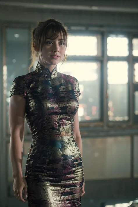 (8k, RAW photo, best quality, masterpiece:1.2), (realistic, photo-realistic:1.37), 1girl, large breasts, (narrow waist:1.4), looking at viewer, alluring, pouty lips, crying, eye reflection, qipao, outdoors, dark night, light smile,