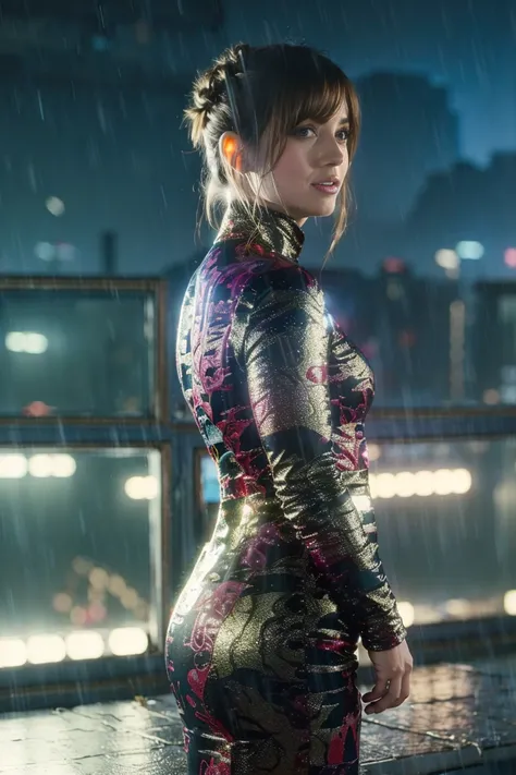 (8k, RAW photo, best quality, masterpiece:1.2), (realistic, photo-realistic:1.37),    narrow waist,   looking at viewer,  physically-based rendering, [light smile:1.3], extremely detailed,  top of the building,  clear background,
outdoor, dark night, raining,
blue dress,