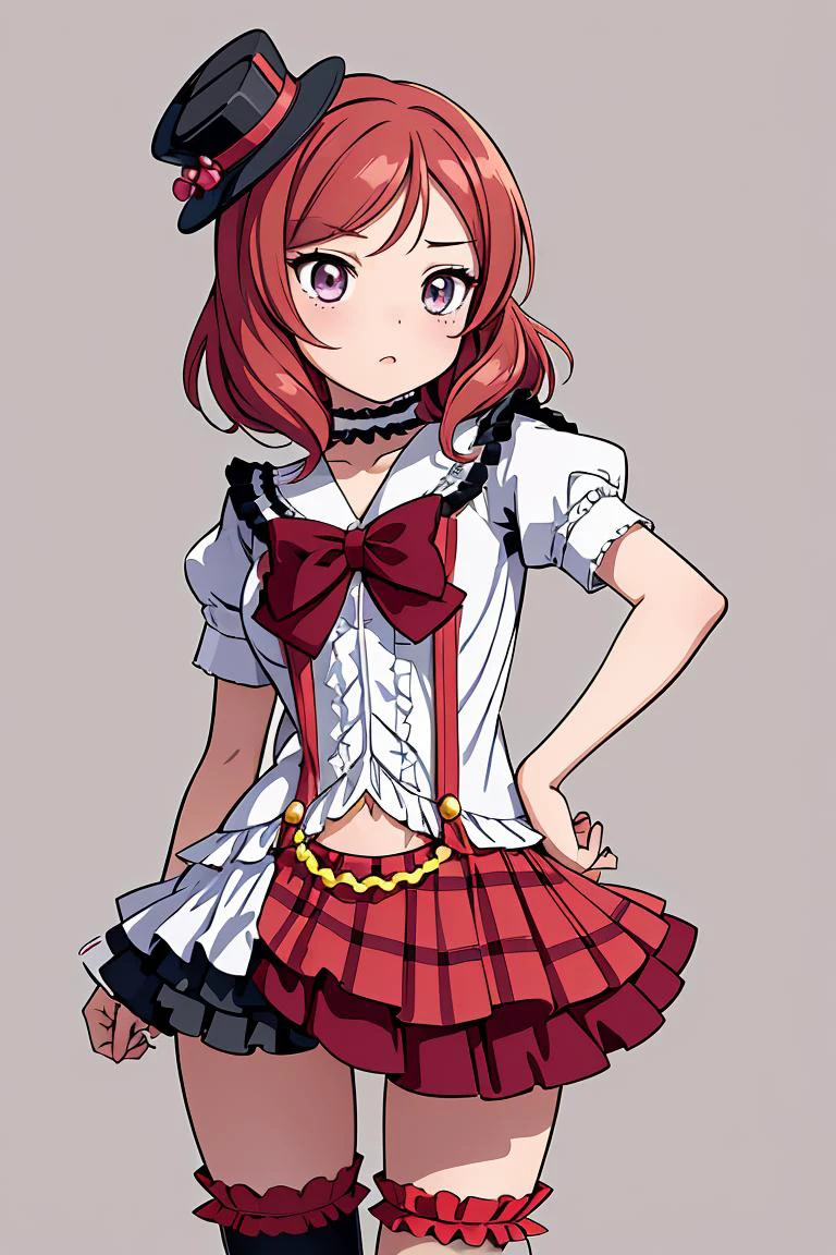 (masterpiece, best quality), 1girl, <lora:llmaki-nvwls-v1:1> altidolMaki, frilled choker, mini top hat, black hat, frilled shirt, short sleeves, red bow, suspenders, red skirt, frilled thighhighs