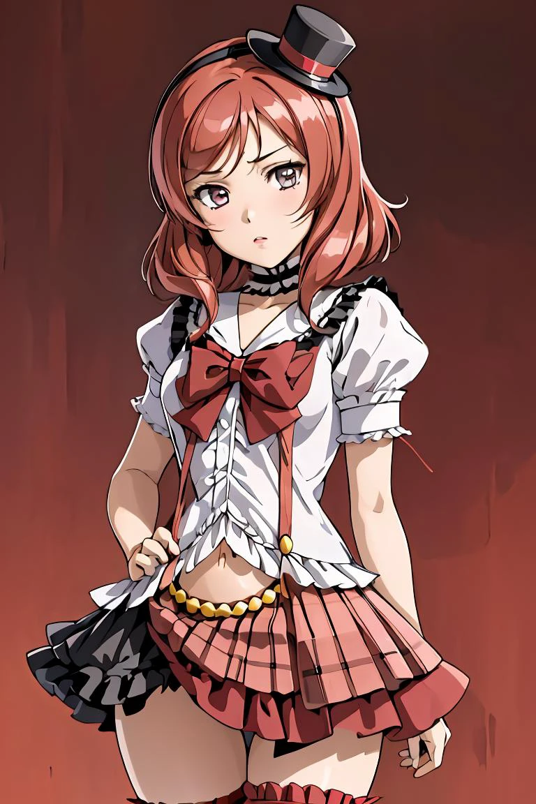 (masterpiece, best quality), 1girl, <lora:llmaki-nvwls-v1:1> altidolMaki, frilled choker, mini top hat, black hat, frilled shirt, short sleeves, red bow, suspenders, red skirt, frilled thighhighs