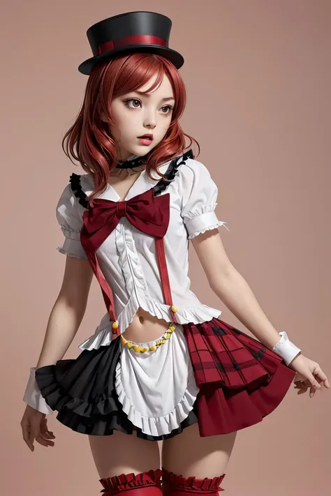 (masterpiece, best quality), 1girl,    <lora:llmaki-nvwls-v1:1> altidolMaki, frilled choker, mini top hat, black hat, frilled shirt, short sleeves, red bow, suspenders, red skirt, frilled thighhighs