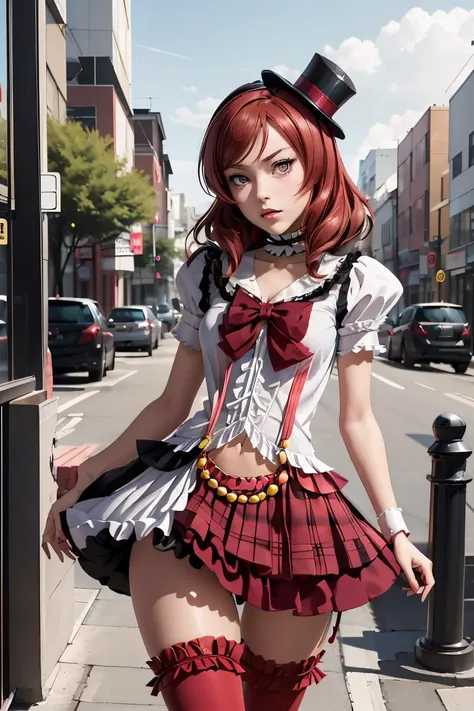 (masterpiece, best quality), 1girl,    <lora:llmaki-nvwls-v1:1> altidolMaki, frilled choker, mini top hat, black hat, frilled shirt, short sleeves, red bow, suspenders, red skirt, frilled thighhighs