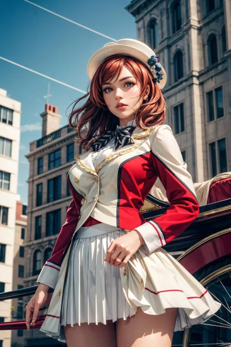 (ultra realistic,32k, masterpiece:1.2),(high detailed skin:1.1),( high quality:1.1),mature adult women,
<lora:llmaki-nvwls-v1:0.8>idolMaki, white hat, red and white jacket, long sleeves, black bowtie, white skirt, (looking at viewer, standing, from below:1.1),,huge breast,large breast, ,<lora:add_detail:0.83>,
(volumetric lighting:1.1), carriage ride, horse-drawn, historic tour, leisurely, blurry background
