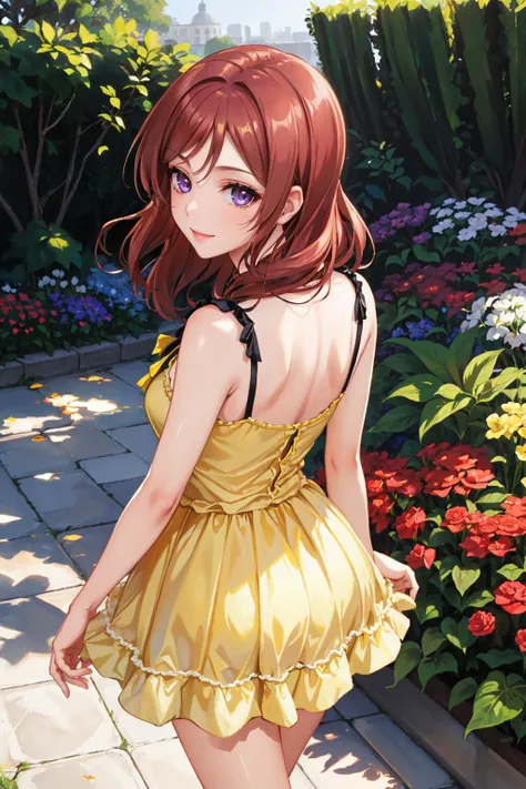 masterpiece, best quality, <lora:llmaki-nvwls-v1-000010:0.9> defMaki, yellow sundress, from behind, from above, garden, flowers, smile <lora:edgChamYellowSundress:1> edgYSD,woman wearing a yellow sundress
