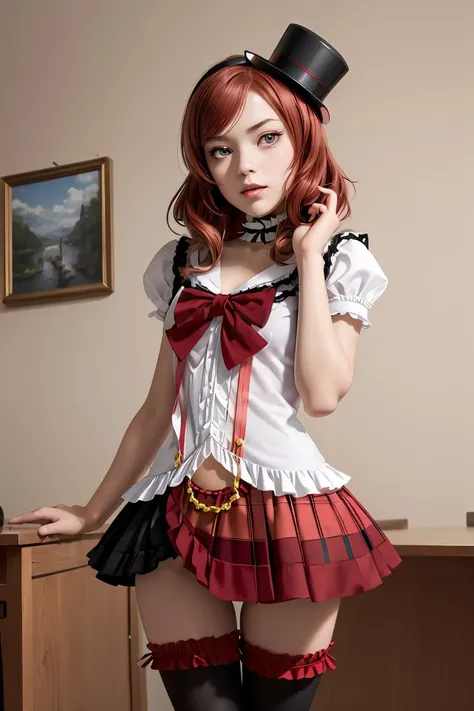(masterpiece, best quality), 1girl,    <lora:llmaki-nvwls-v1:1> altidolMaki, frilled choker, mini top hat, black hat, frilled shirt, short sleeves, red bow, suspenders, red skirt, frilled thighhighs
