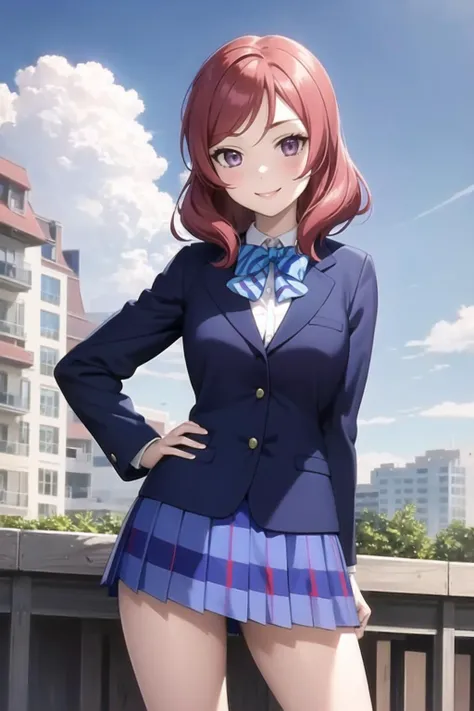 masterpiece, best quality, 1girl,  defMaki, blue blazer, striped blue bowtie, long sleeves, plaid miniskirt, blue miniskirt, school roof, smile