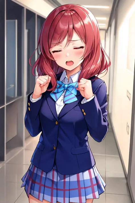 masterpiece, best quality, <lora:llmaki-nvwls-v1-000010:0.9> defMaki, blue blazer, striped blue bowtie, long sleeves, plaid miniskirt, blue miniskirt, closed eyes, open mouth, blush, furrowed brow, looking at viewer, fists, hands up, cowboy shot, hallway