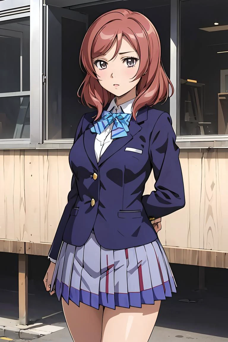 (masterpiece, best quality), 1girl, <lora:llmaki-nvwls-v1:1> defMaki, blue blazer, striped blue bowtie, long sleeves, plaid miniskirt, blue miniskirt