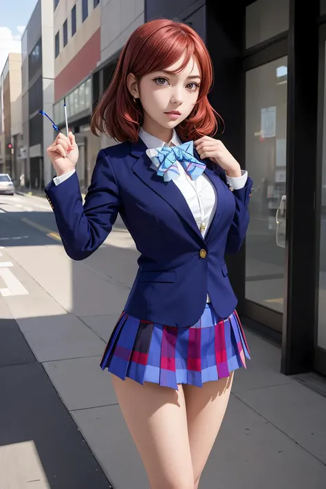 (masterpiece, best quality), 1girl,    <lora:llmaki-nvwls-v1:1> defMaki, blue blazer, striped blue bowtie, long sleeves, plaid miniskirt, blue miniskirt