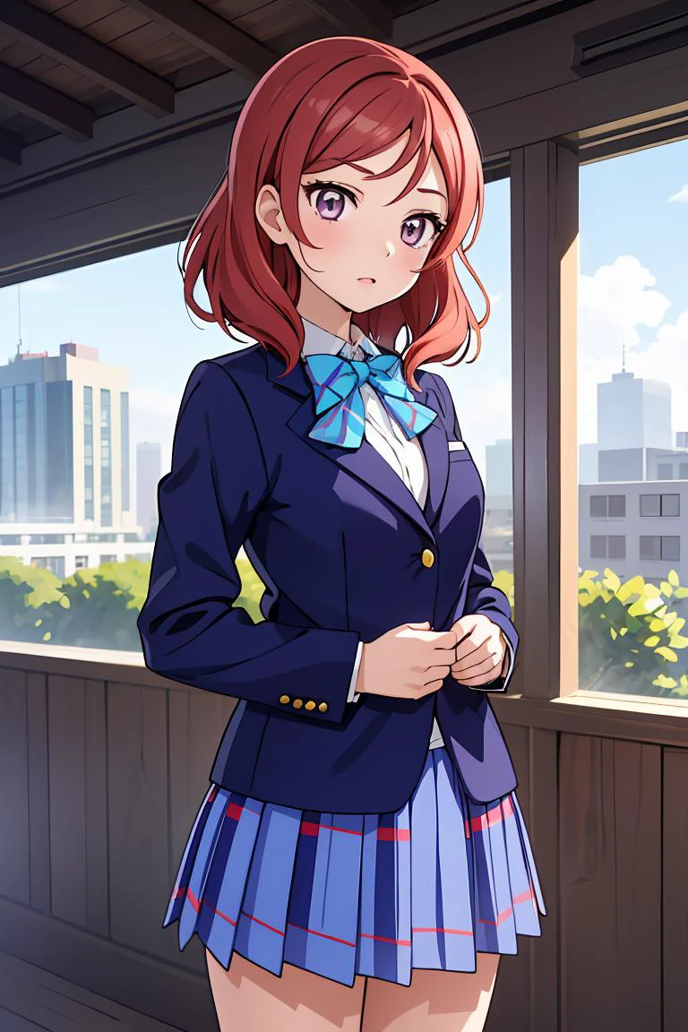 (masterpiece, best quality), 1girl, <lora:llmaki-nvwls-v1:1> defMaki, blue blazer, striped blue bowtie, long sleeves, plaid miniskirt, blue miniskirt