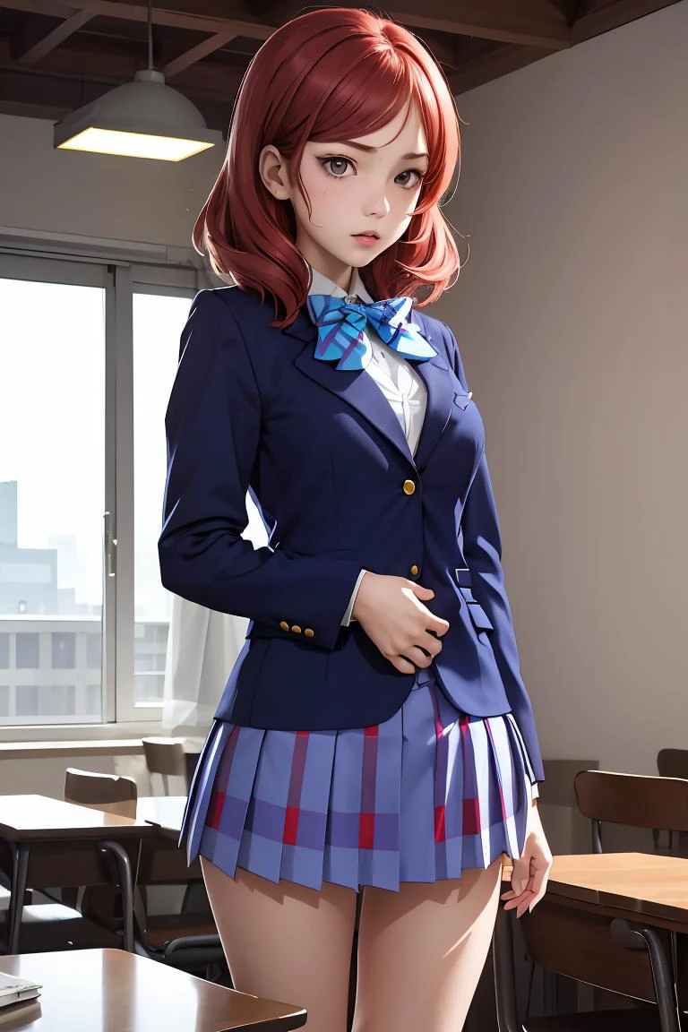 (masterpiece, best quality), 1girl, <lora:llmaki-nvwls-v1:1> defMaki, blue blazer, striped blue bowtie, long sleeves, plaid miniskirt, blue miniskirt