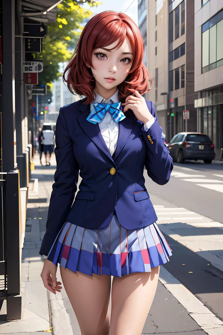 (masterpiece, best quality), 1girl, <lora:llmaki-nvwls-v1:1> defMaki, blue blazer, striped blue bowtie, long sleeves, plaid miniskirt, blue miniskirt