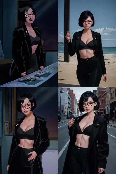 (masterpiece:1.4),(best quality:1.4),(absurdres:1.4),pin-up,
CARTOON_DC_leslie_ownwaifu, www.ownwaifu.com,
black hair, short hair, navel, black eyes, black lips, makeup, lipstick, breasts, round eyewear, bob cut, bangs, black-framed eyewear,
glasses, jacket, midriff, black jacket, crop top, long sleeves, pants, coat, black coat, cleavage,
{<lora:CARTOON_DC_leslie_ownwaifu-15:1> |<lora:CARTOON_DC_leslie_ownwaifu-15:0.6> |<lora:CARTOON_DC_leslie_ownwaifu-15:0.8> |<lora:CARTOON_DC_leslie_ownwaifu-15:0.5> }
(absurdres, highres, incredibly_absurdres:1.4),scenery,masterpiece,