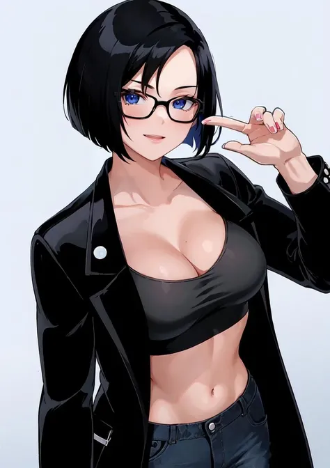 masterpiece, best quality, highres,
CARTOON_DC_leslie_ownwaifu, www.ownwaifu.com, 
black hair, short hair, navel, black eyes, black lips, makeup, lipstick, breasts, round eyewear, bob cut, bangs, black-framed eyewear, 
glasses, jacket, midriff, black jacket, crop top, long sleeves, pants, coat, black coat, cleavage, 
<lora:CARTOON_DC_leslie_ownwaifu-15:0.5>
