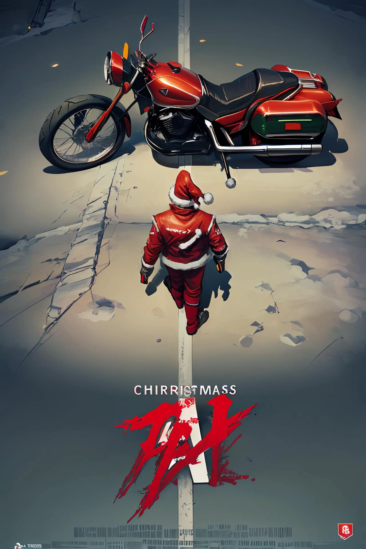 photorealistic, octane render, best quality, sharp focus, 8k, 4k, Masterpiece, Best Quality, realistic skin texture, extremely detailed, intricate, hyper detailed, illustration, soft lighting, high resolution, sharp detail, <lora:concept_akiraposter-11:1> akiraposter, akira poster, from above, from behind, (santa, samurai sword, walking towards his bike, red santa outfit, santa hat) (ground vehicle, motorcycle, red akira style motorcycle, futuristic, cyberpunk, decorated with christmas lights:1.5) (red text "SANTA")