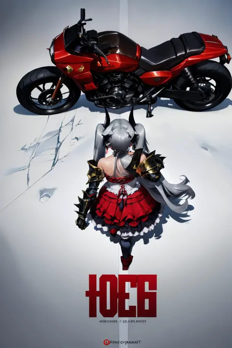 masterpiece, best quality, <lora:concept_akiraposter:1> akiraposter, from above, from behind, walking, (motorcycle:0.7), 1girl, solo, <lora:cyclopsprincess_lastorigin_v1:1> twintails, grey hair, very long hair, cycpridef, dress, frills, horns, greaves, white legwear, gothic, shoulder pads