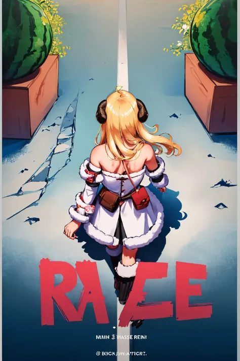 (masterpiece, best quality:1.2), akiraposter, from above, from behind, solo, 1girl, Tsunomaki Watame, walking, long hair, WatameBase, fur-trimmed dress, white dress, bare shoulders, fur-trimmed sleeves, belt pouch, fur-trimmed boots, (watermelon:1.1) <lora:WatameV4:0.9> <lora:concept_akiraposter-11:1>