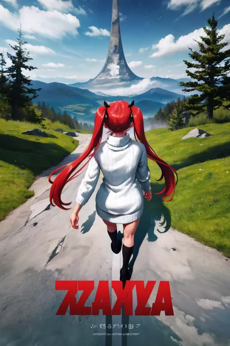 masterpiece, best quality, 1girl, solo, red hair, twin tails, ribbed sweater, sweater dress, very long hair, <lora:concept_akiraposter:1> akiraposter, from above, from behind, walking, <lora:haloring-halo-richy-v1:1> bghaloring, horizon, scenery, vista, field, forest, mountainous horizon, cloudy sky, starry sky, space,