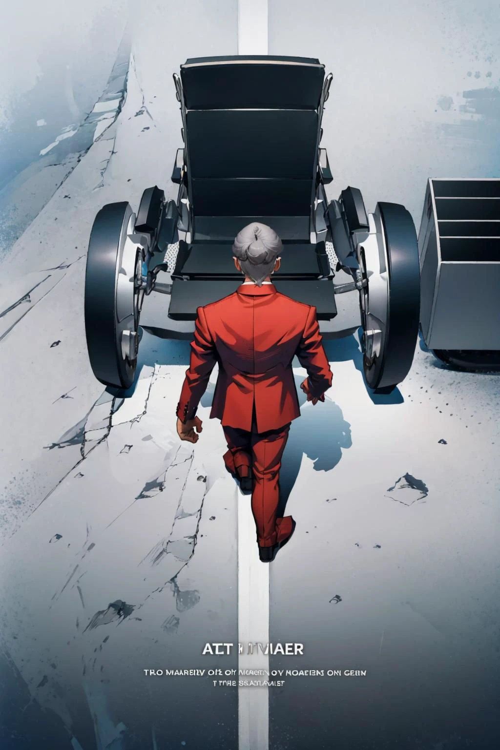 masterpiece, best quality, <lora:zs_Stephen:0.9> stephensmt, formal, red suit, glasses, grey hair, grey eyes <lora:concept_akiraposter-11:1> akiraposter, from above, from behind, walking, wheelchair