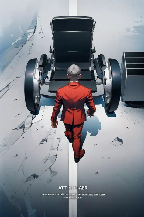 masterpiece, best quality,  <lora:zs_Stephen:0.9> stephensmt, formal, red suit, glasses, grey hair, grey eyes  <lora:concept_akiraposter-11:1> akiraposter, from above, from behind,  walking, wheelchair