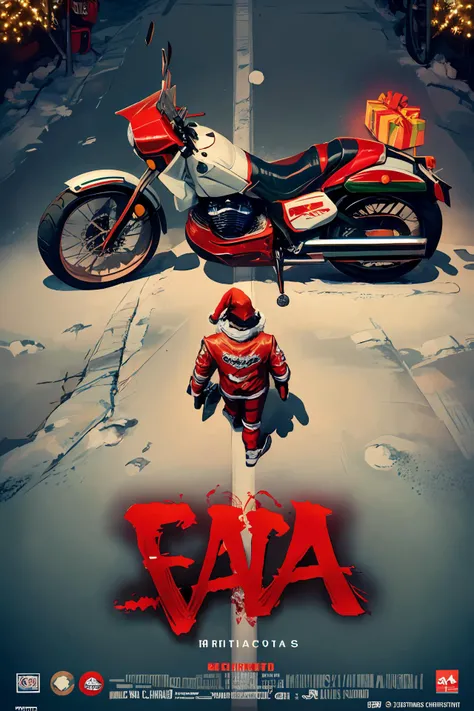 photorealistic, octane render, best quality, sharp focus, 8k, 4k, Masterpiece, Best Quality, realistic skin texture, extremely detailed, intricate, hyper detailed, illustration, soft lighting, high resolution, sharp detail, <lora:concept_akiraposter-11:1> akiraposter, akira poster, from above, from behind, (santa walking towards his bike, red santa outfit, santa hat) (ground vehicle, motorcycle, red akira style motorcycle, futuristic, cyberpunk, decorated with christmas lights:1.5) (SANTA text)
