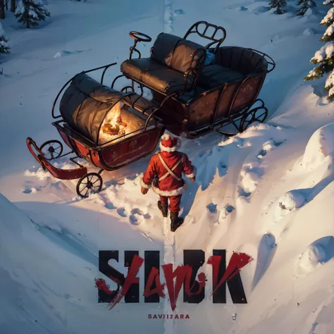 anime image, (masterpiece, best quality:1.2), akiraposter, from above, from behind, solo, male focus, 1men,santa claus, walking, sleigh, the pig is adorned with a festive colorful, volumetric light, highrez, masterpiece, best quality, <lora:concept_akiraposter:1>