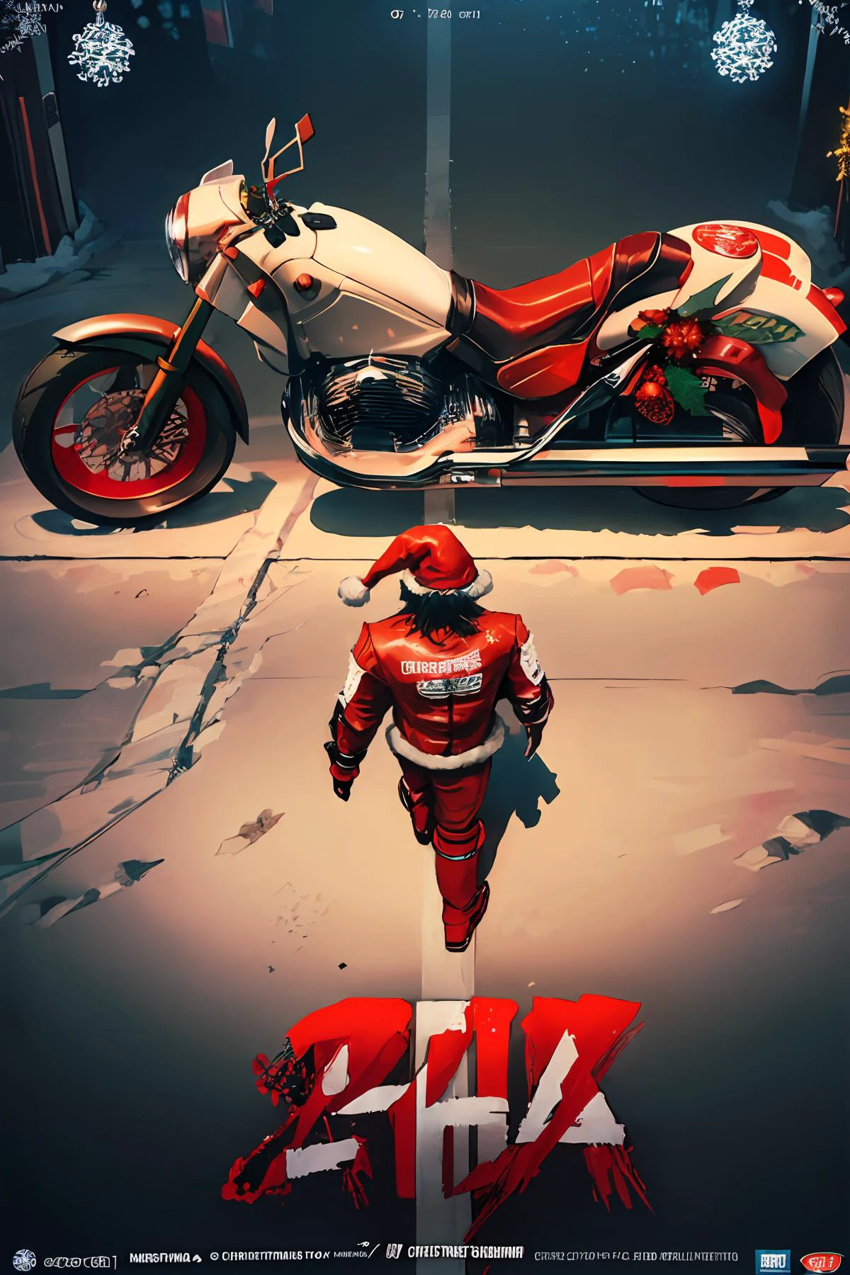 photorealistic, octane render, best quality, sharp focus, 8k, 4k, Masterpiece, Best Quality, realistic skin texture, extremely detailed, intricate, hyper detailed, illustration, soft lighting, high resolution, sharp detail, <lora:concept_akiraposter-11:1> akiraposter, from above, from behind, (santa walking towards his bike, red santa outfit, santa hat) (motorcycle, red akira style motorcycle, futuristic, cyberpunk, decorated with christmas lights:1.5)