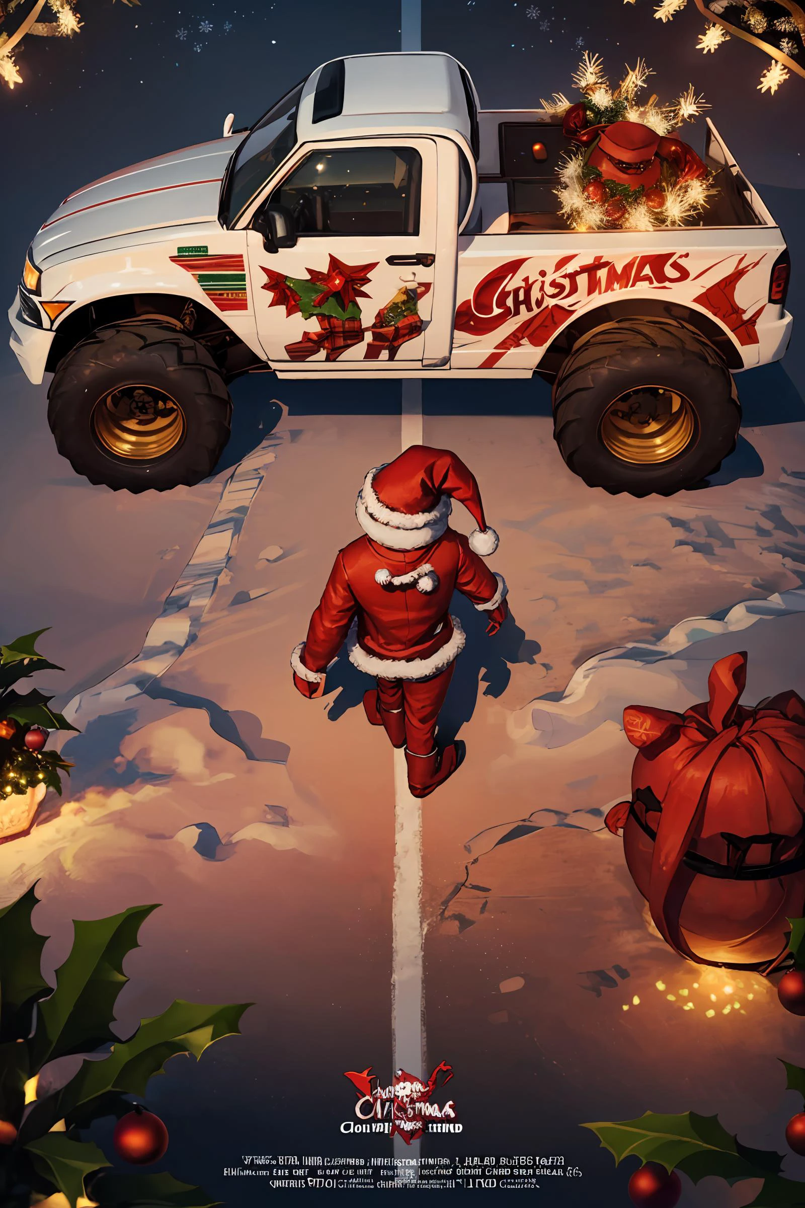 photorealistic, octane render, best quality, sharp focus, 8k, 4k, Masterpiece, Best Quality, realistic skin texture, extremely detailed, intricate, hyper detailed, illustration, soft lighting, high resolution, sharp detail, <lora:concept_akiraposter-11:1> akiraposter, from above, from behind, (santa walking, red santa outfit, santa hat) (ground vehicle, red monster truck decorated with tinsel and christmas lights:1.5)