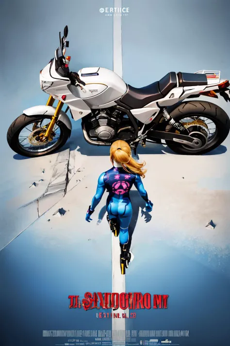 (masterpiece, best quality:1.2), akiraposter, from above, from behind, solo, 1girl, samus aran, walking, ponytail, hair tie, blue bodysuit, blue gloves, high heels, ground vehicle, motorcycle <lora:samus-nvwls-v1:1> <lora:concept_akiraposter-11:1>