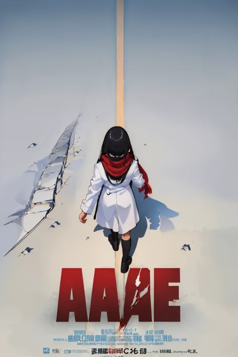 (masterpiece, best quality:1.2), akiraposter, from above, from behind, solo, 1girl, bloodsplash, walking, black hair, white coat, skirt, red scarf <lora:BloodsplashOCv1:0.8> <lyco:concept_akiraposter-11:1>