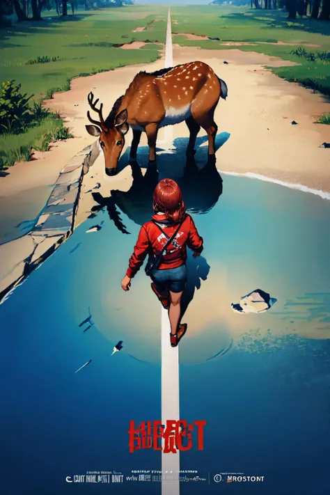 (masterpiece, best quality:1.2), akiraposter, from above, from behind, solo, 1girl, walking, deer <lora:concept_akiraposter-11:1>
