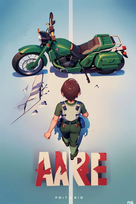 (masterpiece, best quality:1.2), akiraposter, from above, from behind, solo, 1girl, rerebecca, walking, vest, green shirt, belt, pouch, green pants, ground vehicle, motorcycle <lora:rebeccachambers-nvwls-v1:1> <lora:concept_akiraposter-11:1>