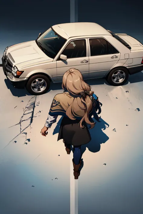 masterpiece, best quality, <lora:concept_akiraposter-11:1> akiraposter, from above, from behind, walking, ground vehicle, mercedes-benz, car, <lora:mercedes-nvwls-v2-final:0.8> defMercedes, capelet, hair bow, white shirt, black skirt, blue leggings, brown boots