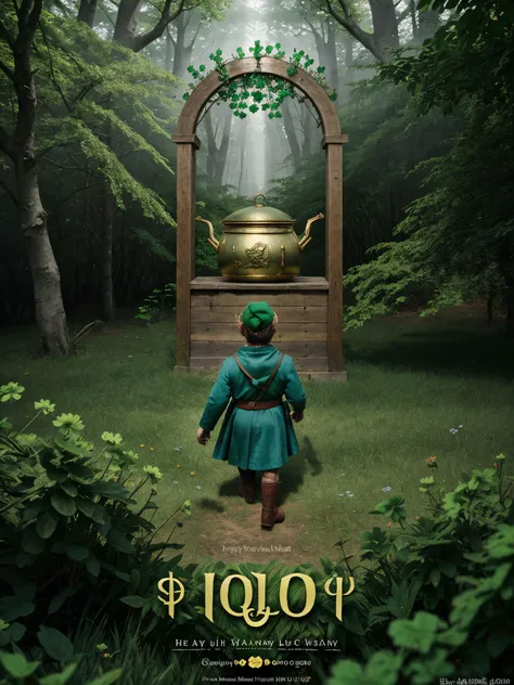 ethereal fantasy concept art of (master piece, best quality, ultra realistic, 32k, RAW photo, detailed skin, 8k uhd, high quality:1.2), sfw,
akiraposter, from above, from behind, (((solo))), gnome, Saint Patrick's Day clothes and hat, walking, round cooking pot, large piles of gold coins, Celtic cross, Clover, Saint Patrick's Day theme, forest background, day time, outdoors <lora:concept_akiraposter-11:1> . magnificent, celestial, ethereal, painterly, epic, majestic, magical, fantasy art, cover art, dreamy