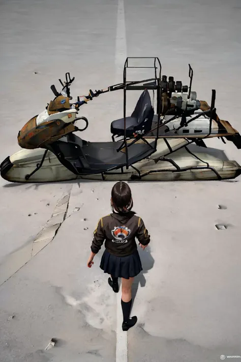 (masterpiece, best quality:1.2), akiraposter, from above, from behind, solo, 1girl, walking, brown hair, jacket, skirt, airboat <lora:airboat-nvwls-v1-6-final:1> <lora:concept_akiraposter-11:1>