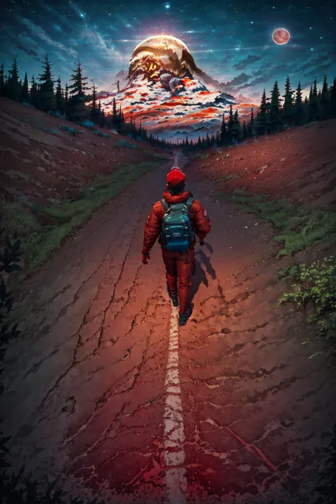 masterpiece, best quality, <lora:concept_akiraposter-11:.85> akiraposter, from above, from behind, walking, Mt. Rainier, tptownie, jacket, pants, cap, backpack, <lora:Carson:.85> <lora:DarkIncursioStyle:0.6> night, (dark environment), blood moon,
