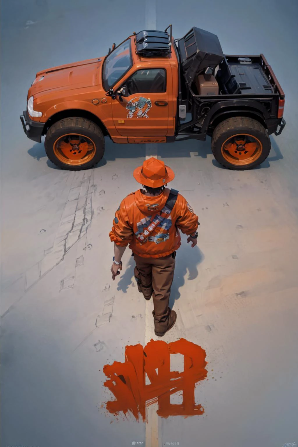 masterpiece, best quality, <lora:concept_akiraposter-11:1> akiraposter, from above, from behind, walking, ground vehicle, bong, <lora:Carson:0.7> tptownie, orange jacket, brown pants, truckerhat,