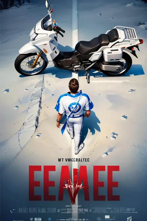 (masterpiece, best quality:1.2), akiraposter, from above, from behind, solo, male focus, 1boy, eveil knieval, walking, white helmet, white jumpsuit, white cape, white pants, white footwear, ground vehicle, motorcycle <lora:concept_akiraposter-11:1>