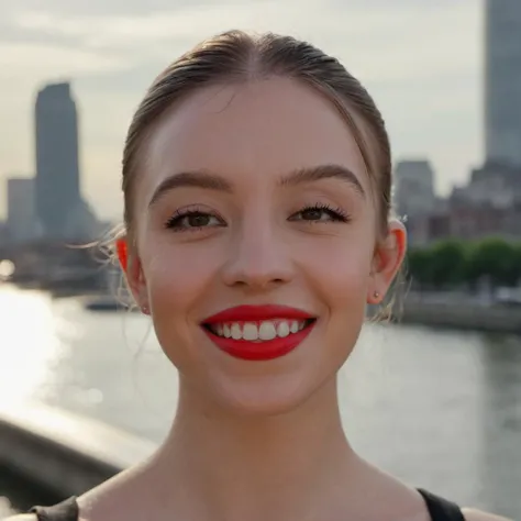 (Skin Texture, pores, natural,iPhone,RAW)), natural lighting, Closeup Photo of a woman with red lipstick, Nikon Z9, realistic matte skin, blurry city in the background, 8K, smiling, teeth, <lora:sydsweeney_xl_1_standard_wo_cap-000028_0.2+sydsweeney_xl_1_standard_wo_cap-000046_0.3+sydsweeney_xl_1_standard_wo_cap-000087_0.5:1>