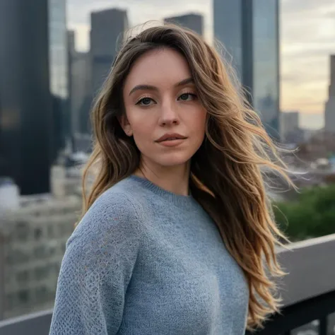 (front facing camera),(Skin Texture, pores, natural,iPhone,RAW)), natural lighting, Half body Photo of a woman wearing with wavy flowing hair wearing a (tight) full sleeve top and jeans,looking straight at the camera, Nikon Z9, realistic matte skin, blurry city in the background,<lora:sydsweeney_xl_1_standard_wo_cap-000028_0.2+sydsweeney_xl_1_standard_wo_cap-000046_0.3+sydsweeney_xl_1_standard_wo_cap-000087_0.5:1>, facing the camera