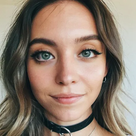 Film grain, skin texture, Instagram selfie of a pretty woman wearing a choker,natural,f/1.8, <lora:sydsweeney_xl_1_standard_wo_cap-000028_0.2+sydsweeney_xl_1_standard_wo_cap-000046_0.3+sydsweeney_xl_1_standard_wo_cap-000087_0.5:1>, slight smile