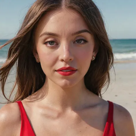 close-up photo of a woman, wearing a red dress, at a beach, <lora:tayhill_xl_1_standard_merger_26_42_96_04_03_03:1>